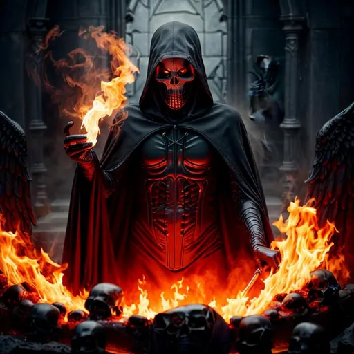 anime grim reaper on fire in chamber throne dungeon