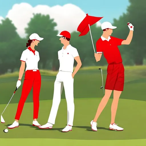 Prompt: Golf game, men in white clothes, women in red clothes, stylised