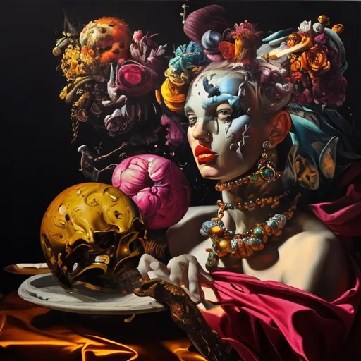 Prompt: Oil on canvas, vivid bright colors, verismo, vanitas, hyperrealistic, maximalist, metaphysical psychological painting, virtuosity, elegance, sophisticated, whimsical, theatrical, chiaroscuro, scenography, scorzo, complexity, strong contrast