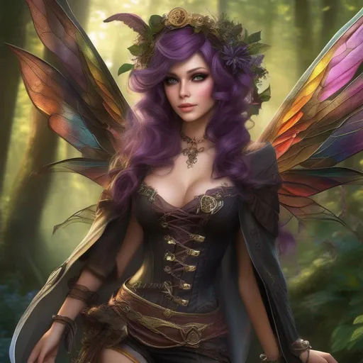 Prompt: ((Epic)). Cinematic. Shes a ((colorful)), Steam Punk, gothic, witch. (spectacular), Winged fairy, with a skimpy, ((colorful)), ((gossamer)), flowing outfit, standing in a forest, by a village. ((Wide angle)). ((Detailed Illustration)). ((8k)).  Full body in shot. ((Hyper real painting)). ((Photo real)). An ((extremely beautiful)), buxom,  (shapely) woman with, ((Anatomically real hands)), and ((vivid)), ((colorful)), ((bright eyes)). A ((pristine)) ((Halloween night)). (Concept style art). Rays of light. Lens flares. (Celestial). Sony a7 IV