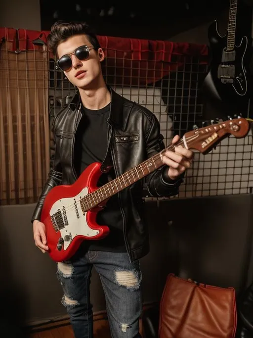 Prompt: Realistic art of  Ukrainian male, age=20, messy dark brown hair, black clothes, round oval face shape, straight raised nose, button nose, cute looking, playing (red electric guitar), black leather jacket, black jeans, small apartment in kiev, button nose, pilot sunglasses 