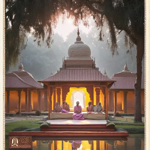 Prompt: "The Gurukul at Dawn": Illustrate a serene morning scene at a Gurukul in ancient India, with students engaged in meditation, yoga, and outdoor lessons under the soft glow of the rising sun.

"The Gurukul Archivist": Create an image of a wise Gurukul teacher meticulously preserving and cataloging ancient scrolls, books, and manuscripts in a dimly lit, sacred library.

"The Gurukul Discourse": Depict a Guru delivering a profound lecture to a circle of eager disciples under the shade of a grand banyan tree, symbolizing the transmission of knowledge.

"The Gurukul Curriculum": Visualize a mural or infographic showcasing the diverse subjects taught at a Gurukul, including philosophy, mathematics, astronomy, and medicine.

"Gurukul Life Through the Seasons": Create a series of images portraying the changing seasons at a Gurukul, highlighting how education and daily life adapt to the natural rhythm of the year.

"The Gurukul Graduation Ceremony": Illustrate the solemn and celebratory moment when students receive their blessings and certificates from their Guru upon completing their education.

"Gurukul Architecture": Showcase the distinctive architectural features of a Gurukul, including open courtyards, traditional design elements, and spaces for contemplation and learning.

"Gurukul Modernization": Depict a juxtaposition of traditional Gurukul education with modern technology and teaching methods, highlighting the evolving nature of education.

"Gurukul Cultural Festival": Create an image capturing the vibrant and colorful festivities held at a Gurukul, celebrating art, music, dance, and the rich cultural heritage of India.

"The Gurukul Mentorship": Show a Guru and a student engaged in deep conversation and mentorship, emphasizing the personal and transformative aspects of the Gurukul system.