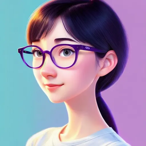 Prompt: Disney, Pixar art style, CGI, thin pale girl, asian, violet hair, dark thin eyes, big round glasses