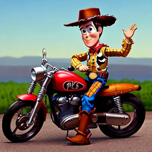 Prompt: Woody from Toy Story riding a motorcycle