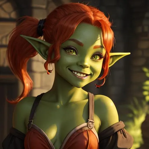 Prompt: oil painting, D&D fantasy, young green-skinned-goblin girl, (green-skinned-female) (tiny petite body), beautiful face, mischievous grin, short fiery red hair, pigtails, pointed ears, fangs, looking at the viewer, wearing adventurer's outfit #3238, UHD, hd , 8k eyes, detailed face, big anime dreamy eyes, 8k eyes, intricate details, insanely detailed, masterpiece, cinematic lighting, 8k, complementary colors, golden ratio, octane render, volumetric lighting, unreal 5, artwork, concept art, cover, top model, light on hair colorful glamourous hyperdetailed medieval city background, intricate hyperdetailed breathtaking colorful glamorous scenic view landscape, ultra-fine details, hyper-focused, deep colors, dramatic lighting, ambient lighting god rays, flowers, garden | by sakimi chan, artgerm, wlop, pixiv, tumblr, instagram, deviantart