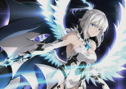 Prompt: Adult white haired woman with glowing blue eyes, translucent wings, protector of the soul's gate