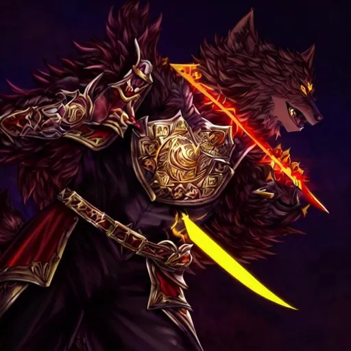 Prompt: Nikolas Dorn a male dark brown furred Dungeons and Dragons Werewolf in half-wolf form Cleric Of Light in full European plate armor Golden Yellow Flame Holding The Sun Blade longsword high res photograph