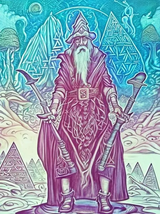 Prompt: Wizard, Celtic, cryptic, animals, mushrooms, pyramids and trees in background.