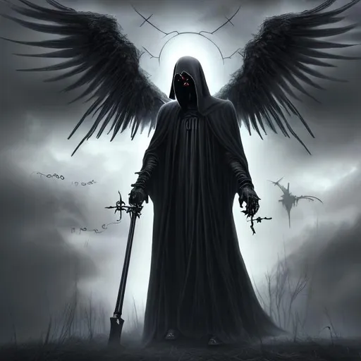 Prompt: hyper realistic, grim reaper as angel of death with scythe blade overhead, not showing face, with gloomy colors with a feeling of evil 
