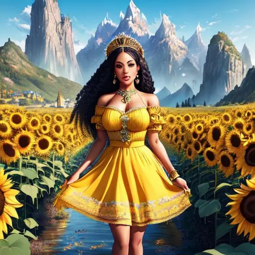 Prompt: Cardi. B, Hyper realistic, detailed face,battlefield ethereal  yellow  lace royal princess short skirt dress, floating city in background, jewelry set, straight super long hair, sunflowers and mountains  in the background, royal vibe, highly detailed, digital painting, HD quality, brown skin, artgerm, by Ilya Kuvshinov 