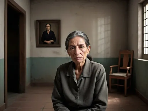 Prompt: Ana de Mendoza, a tragic figure in her final years, frail and contemplative, in a sparsely furnished room with minimal decoration, wearing plain attire suited for imprisonment, with the cold and stark atmosphere of her confinement clearly evident in the background, hyper-realistic, photo realism, cinematography --ar 9:16"