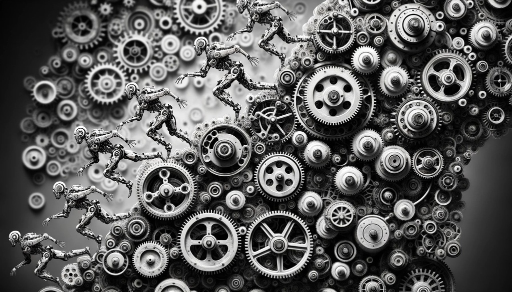 Prompt: Photo of intricate machinery where mechanical entities are gradually emerging. These entities, resembling robots or automata, seem to evolve from the very mechanics, gears, and cogs they're made of.