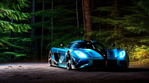 Prompt: koenigsegg regera wide body heavily modified at illegal meet, dark and shadowy background, in the Canadian forest, 30 minutes after sunset, long depth of field.