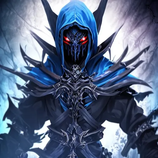 Prompt: Dark fantasy blue theme assassin looking forward from the chest up in the style of anime with his eyes covered casting a necro spell
