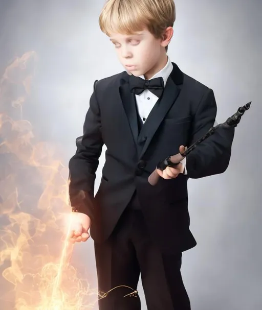 Prompt: Boy in a tuxedo casting a
Magic spell with his magic wand 