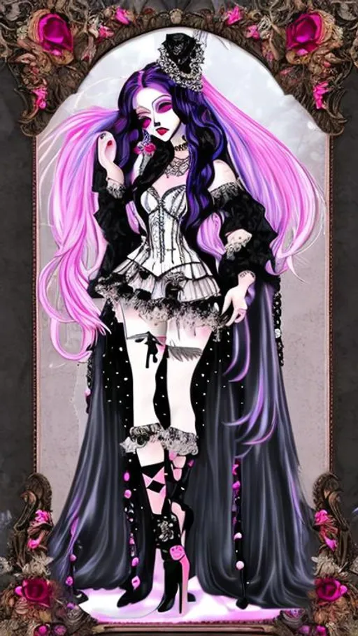 anime style goddess mimi with long black and pink ha