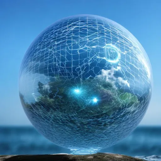 Prompt: digital sphere in front of the sea