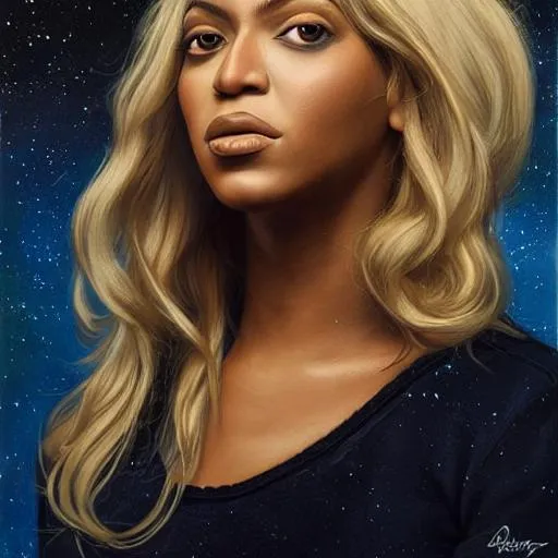 Prompt: Portrait of beyonce with blonde hair and with cute face, outer space, perfect composition, hyperrealistic, super detailed, 8k, high quality, trending art, trending on artstation, sharp focus, studio photo, intricate details, highly detailed, by greg rutkowski
