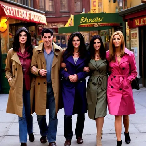 Prompt: generate a photo of the cast of friends in central perk but all wearing trench coats