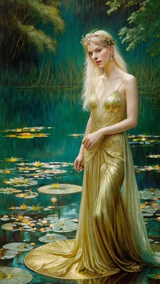 Prompt: Ethereal Mysterious mythical Lady, art by Martine Johanna, William Oxer, Susan Seddon Boulet, Michael Hussar, Hans Makart, caia Koopman, Daniel Merriam, maxfield parrish. Background by Bill Jacklin, beautiful face, delicate green and gold lace Gilded dress, illuminated by Moonlight, inlay water lilies intertwined with her hair, art deco, shimmer, glow, upper body shoot, green tones