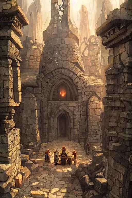 Prompt: Dwarven stonemason completing the arch of the elders. Fantasy concept art. Moody Epic painting by James Gurney, and muirhead bone, ArtstationHQ. painting with Vivid color. (Dragon age, witcher 3, lotr)