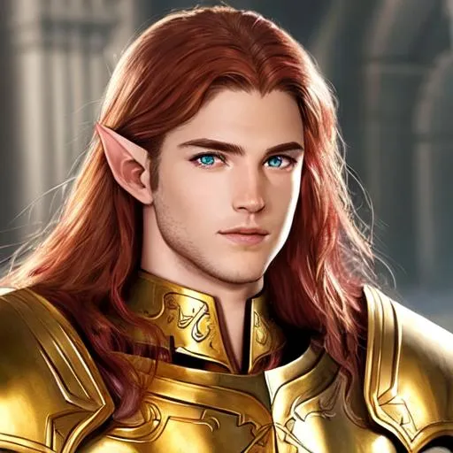 Prompt: Hyper realistic detailed body of male paladin, no beard, young, very detailed symmetrical face, who has green eyes and long red hair, wearing heavenly plate mail, slight smile on face, long elf ears