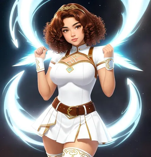 Prompt: A beautiful 14 year old ((Latina)) light elemental with light brown skin and a cute face. She has a curvy body. She has short curly reddish brown hair and reddish brown eyebrows. She wears a beautiful tight white princess outfit with gold and a white skirt. She wears white boots. She has brightly glowing yellow eyes and white pupils. She wears a small golden tiara. She has a yellow aura around her. She is using yellow light magic against a robber that is attacking her in a alley. Epic battle scene art. Full body art. {{{{high quality art}}}} ((goddess)). Illustration. Concept art. Symmetrical face. Digital. Perfectly drawn. A cool background. Five fingers