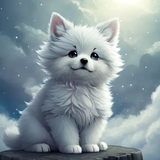 Prompt: Cute, very, very, light gray, fluffy, fantasy light puppy, with cloudy, white eyes, very, light, light, gray fur, and possessing the element of air and making circles of clouds and air move around in the air in a magical way, in a space background. Perfect features, extremely detailed, realistic. Krenz Cushart + loish +gaston bussiere +craig mullins, j. c. leyendecker +Artgerm.