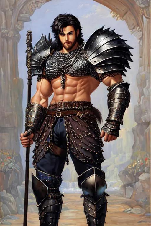 Prompt: oil painting, full body, bare hairy chested strong muscular, male warrior character, has short wavy black hair, and blue eyes wears chain mail pants, wears gauntlets and armored boots, he holds a staff, 
