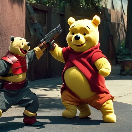 Prompt: Pooh with guns and armor fighting with a villian in Los Angeles