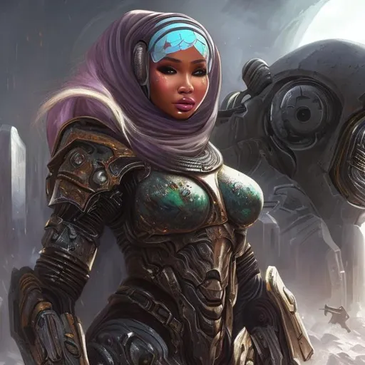 Prompt: nicki minaj, beautiful face, detailed face, hijab, curvy figure, scifi armor, doom eternal armor, tan armor, desert