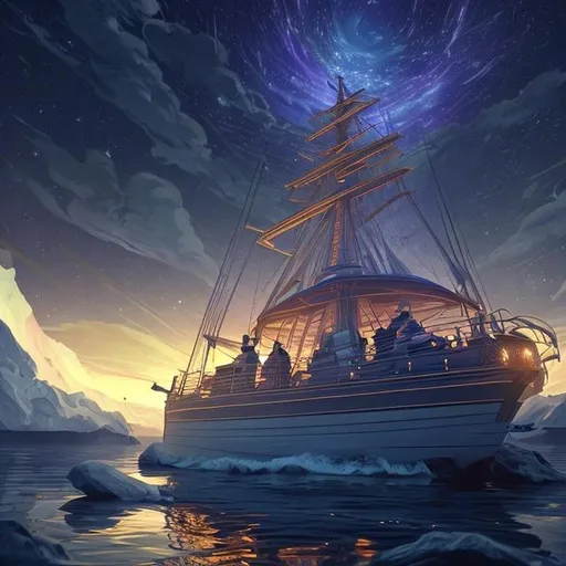 Prompt: Design a stunning 3D illustration showcasing Kai at the helm of the ship during a starlit night. Use realistic lighting and reflections to capture the serene beauty of the starry sky, and pay special attention to his facial features to convey a sense of tranquility.