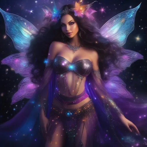 Prompt: A complete body form of a stunningly beautiful, hyper realistic, buxom woman with incredible bright, wearing a colorful, sparkling, dangling, glowing, skimpy, bo-ho, goth,  flowing, sheer, fairy, witch's outfit on a breathtaking night with stars and colors with glowing, detailed fantasy fairy sprites flying about