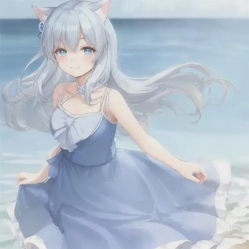 Prompt: A cat-eared girl stood by the sea smiling in a blue and white dress.