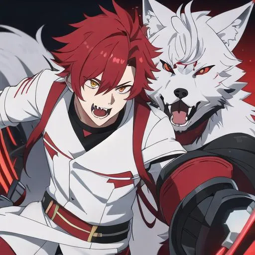 Prompt: Zerif male(Red side-swept hair covering his right eye) wolf ears, wolf tail, HD, 8K, open mouth, fangs