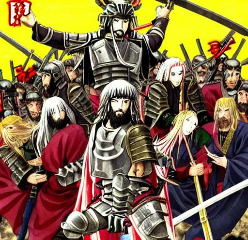 Prompt: Anime war scene graphic High detail Samurai warrior crusaders with Jesus Christ as depicted in the book of  revaltion coming out of heaven one side is the gathering of The chosen to ride victory against the enemy Satan and his fallen cyberpunk ninjas on the opposite side 