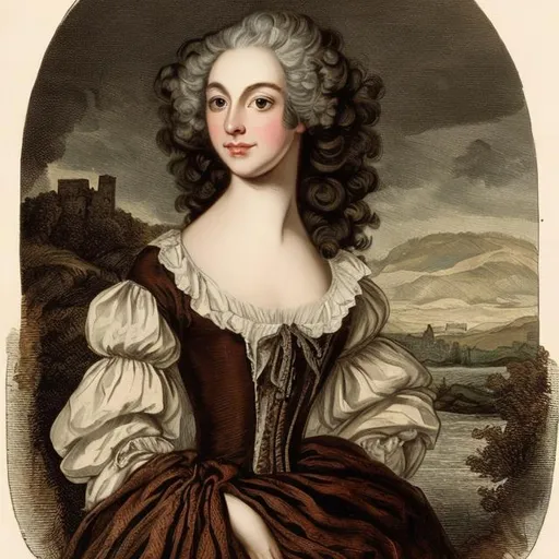 Prompt: Woman brown curly medium hair,pale skin ,dressed with 1750 gown 

scotland landscape in 18 th century era