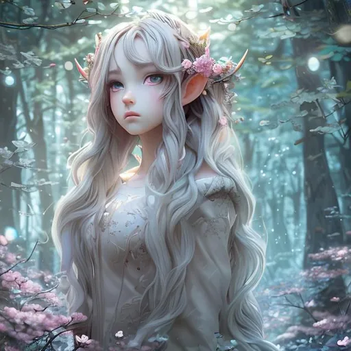 Prompt: (masterpiece) (highly detailed) (top quality) (cinematic shot)  anime style, 4:1, front view, goddess of forest, instagram able, 1girl with elf ears walking into the forest, reflections, depth of field, 2D illustration, professional work, long hair, blonde hair, centered shot from below, dark blue eyes, cherry blossom forest, etherial light background.