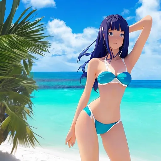 Prompt: Make a detailed hyper real 2120 mega pixel photographic style photo of hinata in super skimpy bikini on a white sand beach behind the blue sea and green small islands