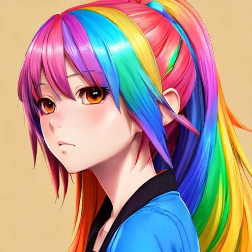 Prompt: high res, extremely detailed, anime looking, cute girl, rainbow hair, head and shoulders, digital art