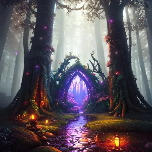 Prompt: A hidden portal, a world full of delight, magical adventure, shining so bright.
magical forest,  8k, fantasy art, mystical warm lighting, photorealistic, nighttime, humanoid