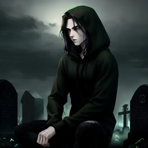 Prompt: Anime illustration of a man with long dark brown hair, soft green eyes, a carefree look, wearing a black hoodie and skinny jeans, sitting in a cemetery, gothic anime style, detailed facial features, anime, moody lighting, dark and eerie atmosphere, detailed hair, somber mood, anime, gothic, dark tones, atmospheric lighting, carefree, spirit, yokai, ghost, apparition, grave, lost, green, eyes, black mood, google
