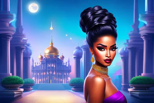 Prompt: head-on, surreal cartoon, high fashionista walking toward viewer, Stunning, glossy portrait of a stunning dark skinned woman with hair pulled back into a bun, she is dressed like a summer queen, dramatic jewelry, statement necklace, background is architecture lit by the moon,  trending on artstation