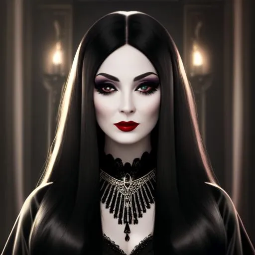 Prompt: Morticia Addams,lady with  full, long black hair, pretty and stylish makeup, cinematic light,  fantasy