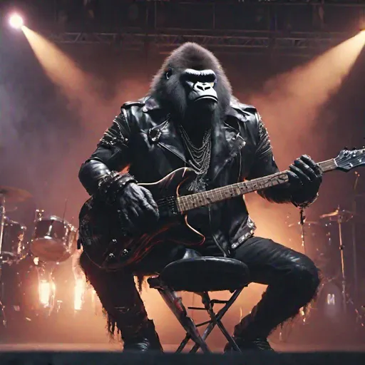 Prompt: ultrarealistic_ angry humanoid  gorilla drummer in goth metal band_wearing leather jacket
 and chains_playing music on stage_cenimatic long shot 4k_fire on stage