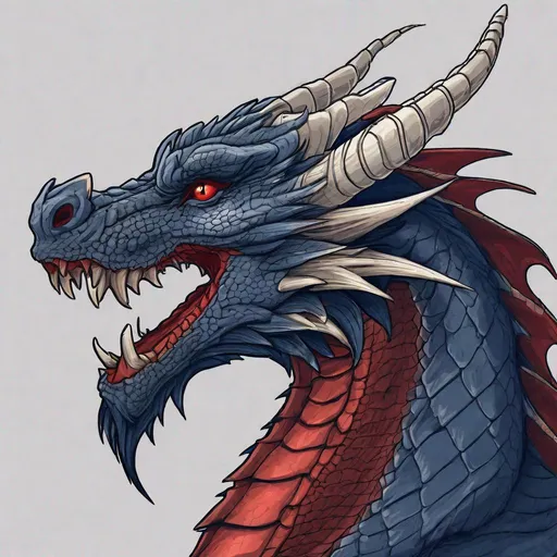 Prompt: Concept design of a dragon. Dragon head portrait. Side view. Coloring in the dragon is predominantly navy blue with subtle red streaks and details present.
