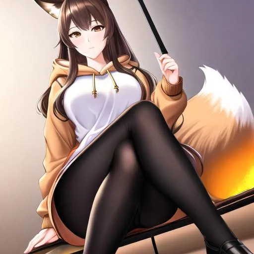 Prompt: oil painting, UHD, hd , 8k,  anime, hyper realism, Very detailed, zoomed out view, clear visible face, full body in view, clear visible face, fox girl character with long dark brown hair, wears a gold hoodie with black  pants, sitting in chair