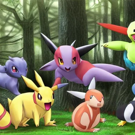 Prompt: Hyper realistic Pokemon in a dark forest surrounded by trees