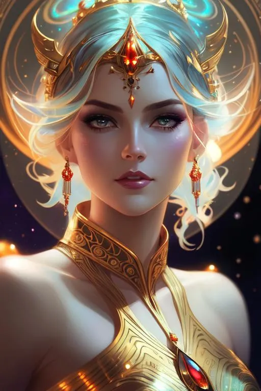 Prompt: a close up portrait of An intergalactic beautiful empress, beautiful symmetrical face, silky gradient red hair hair, golden eyes, wearing a exquisite gown with delicate intricate details, shimmer, glow. Art by  stanley artgerm, peter mohrbacher, Clint cearley, Brian Froud, rossdraws, guweiz, wlop, ilya kuvshinov, Charlie bowater, Laura Diehl, makoto shinkai. painting by daniel f gerhartz, art by Andrew Atroshenko and Edouard Bisson. highly detailed, sharp focus, ethereal, fantastic view, dreamy, Epic, celestial, sparkling, glossy, light emitting,  inner light.

