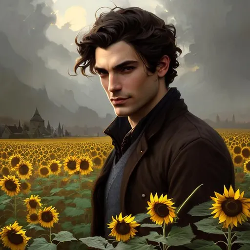 Prompt: Splash art portrait of a skinny ruggedly handsome dark brown haired man with short hair, 30 years old, in a sunflower field, very dark brown eyes, victorian light clothes, elegant, highly detailed, intricate, smooth, sharp focus, artstation, digital painting, concept art, art by greg rutkowski, alphonse mucha and John William Waterhouse, light, romantic, 